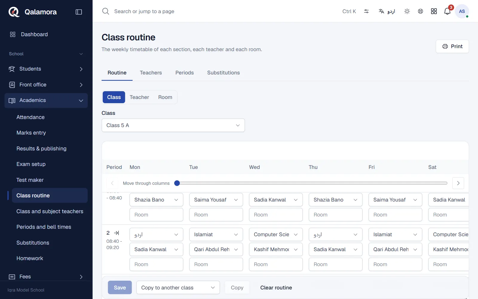 Class routine grid with subjects and teachers
