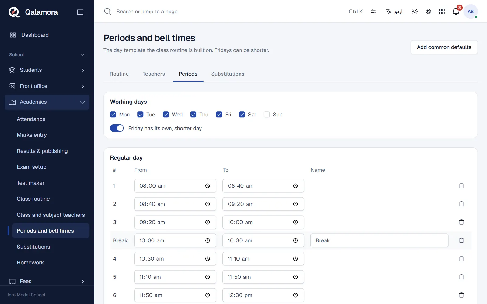 Periods and bell times with working days and the regular day