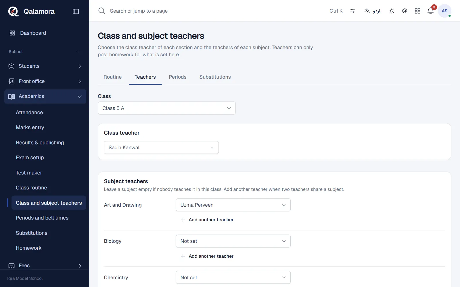 Class and subject teachers for one class