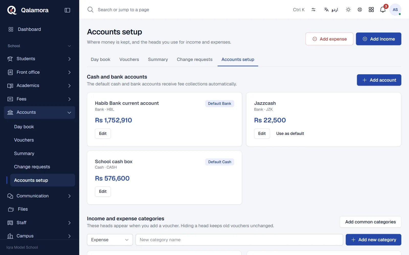 Accounts setup with cash and bank accounts and categories