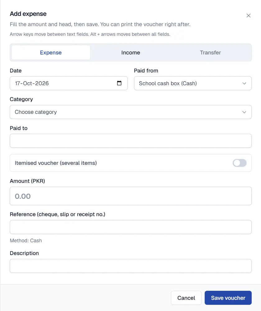 Add expense voucher with account, category and amount