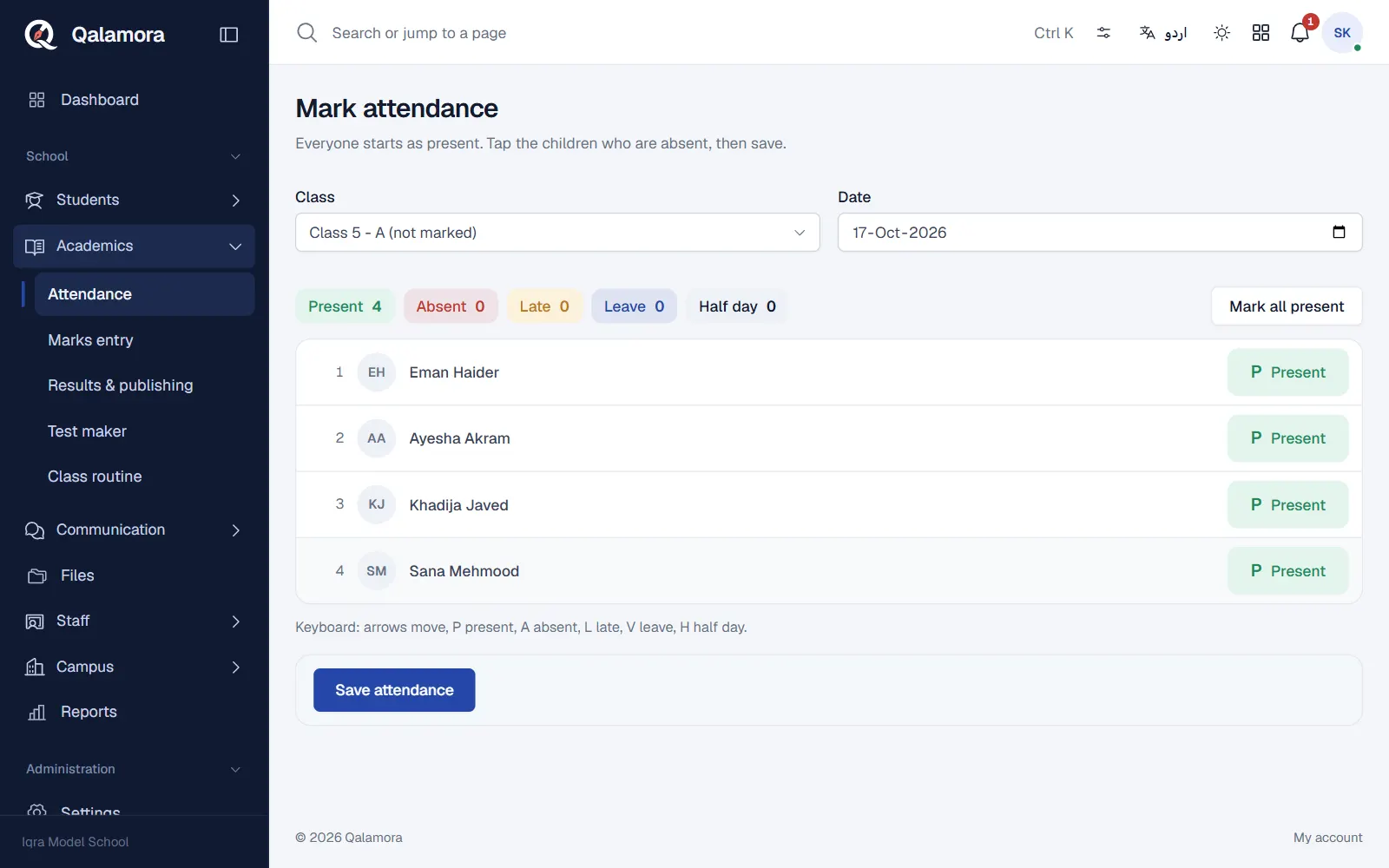 Mark attendance screen with Class 5 - A, everyone shown as Present and the Save attendance button