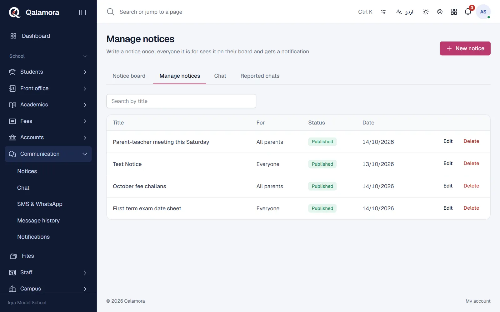 The Manage notices list with status and audience of each notice