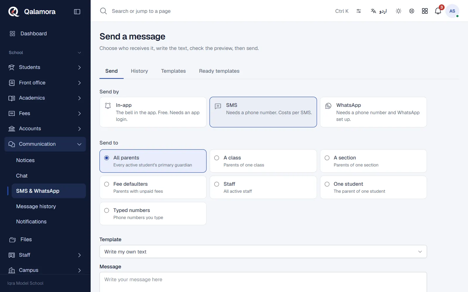 The Send a message page with channels, audience and message text