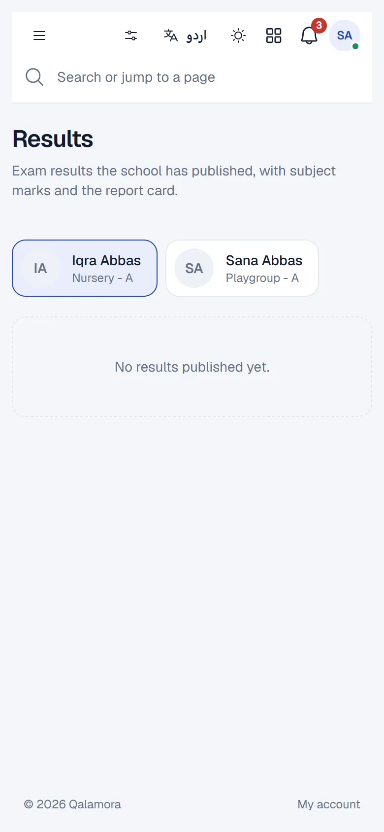 Results on a parent's phone with subject marks and the report card download