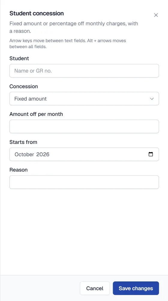 Student concession form with fixed amount and percentage options