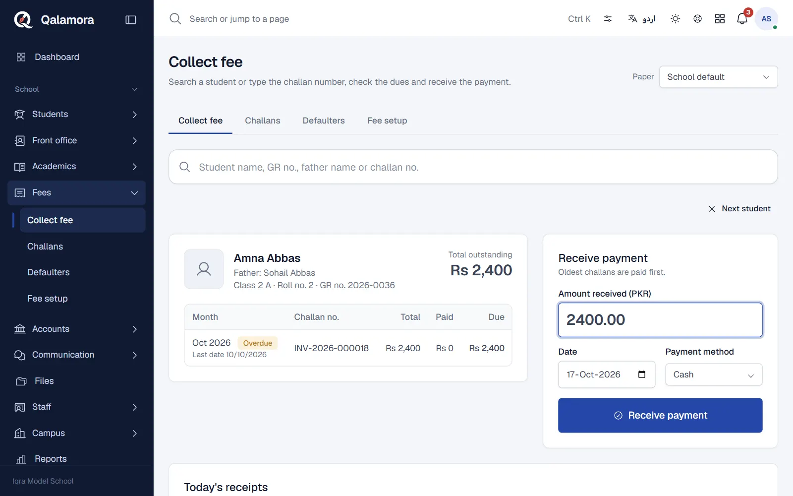 Fee counter with student dues and the receive payment form