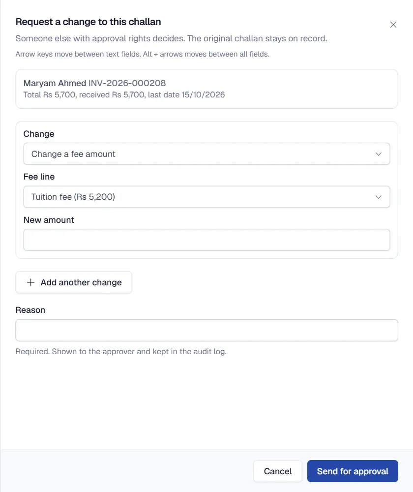 Request a change sheet on an issued challan