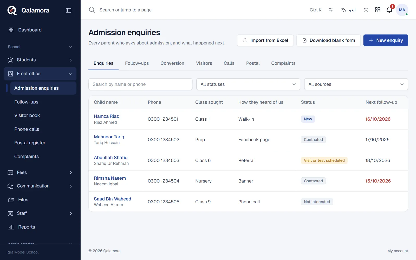 Admission enquiries list with status of each enquiry