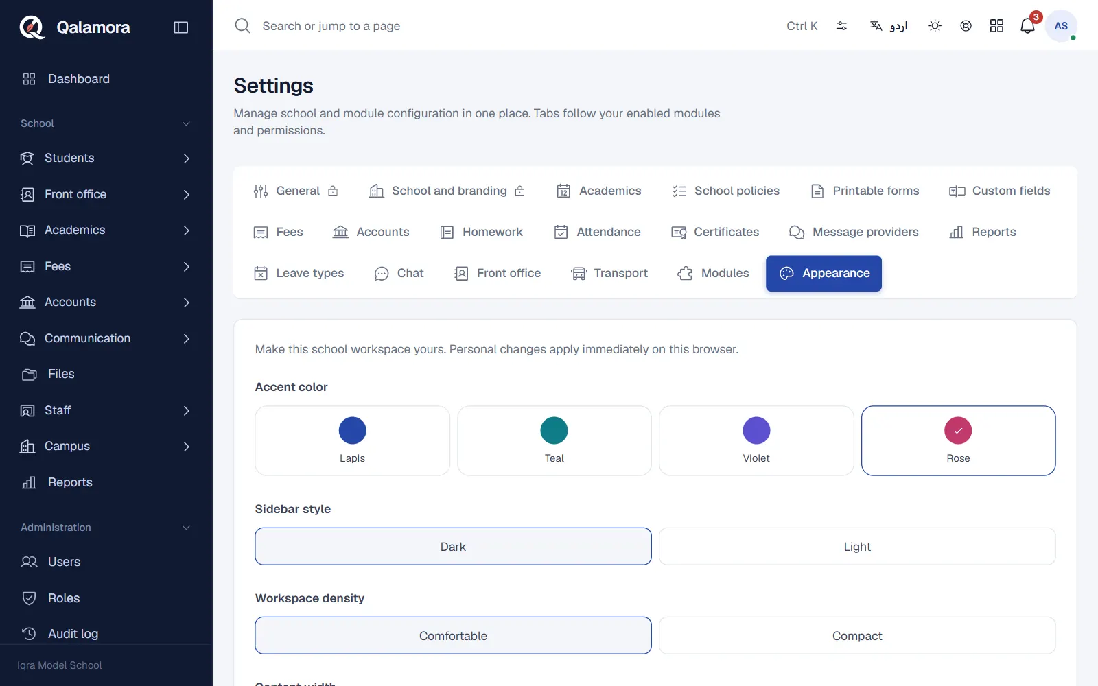 Appearance settings with accent colours, sidebar style and workspace density