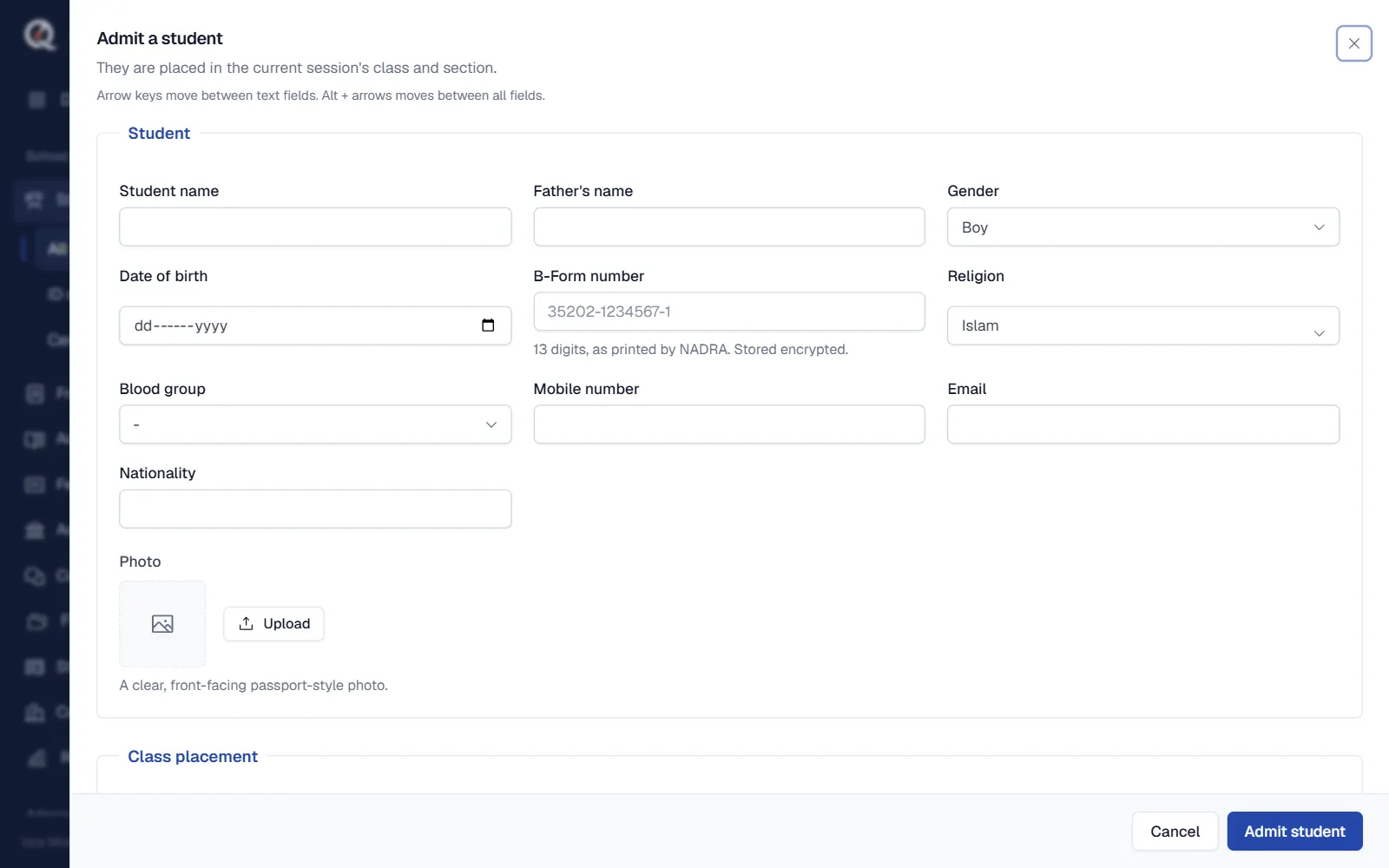 Admit a student form with student, class placement and guardian sections