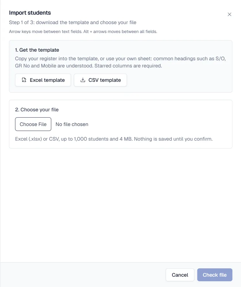 Import students dialog with template downloads and file upload