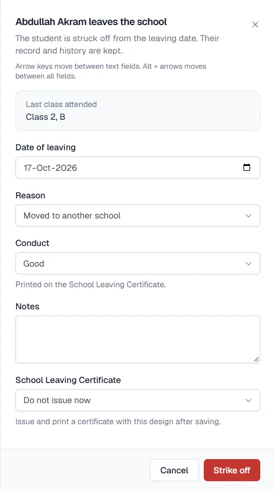 Leave school form with date, reason, conduct and certificate choice