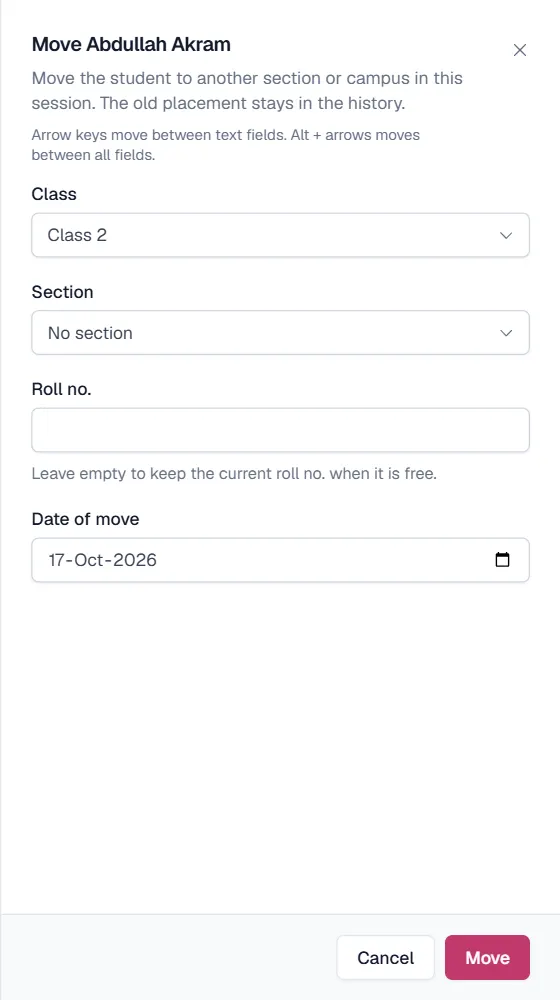 Move section dialog with section, date and roll number