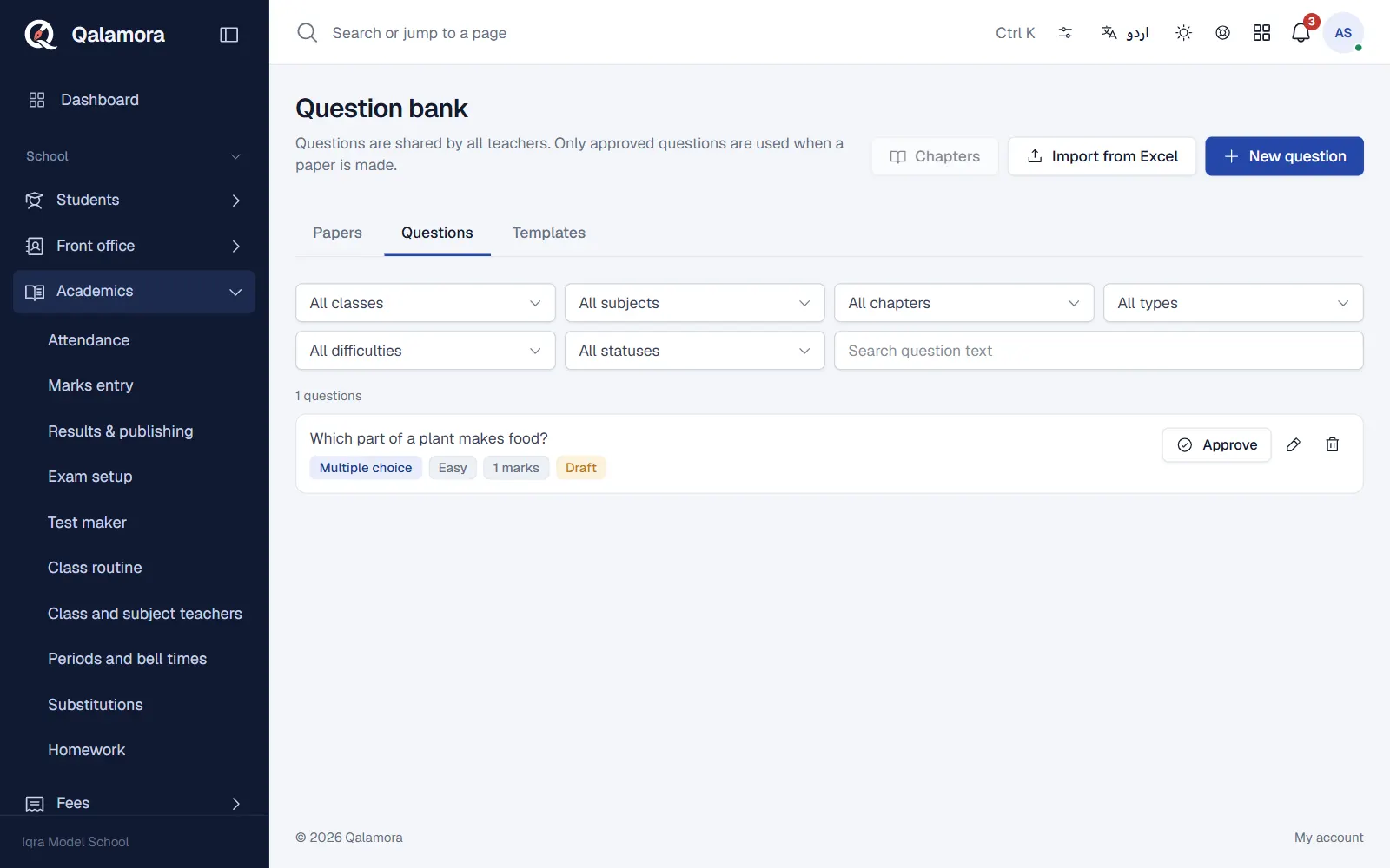 Question bank with filters by class, subject, chapter, type, difficulty and status