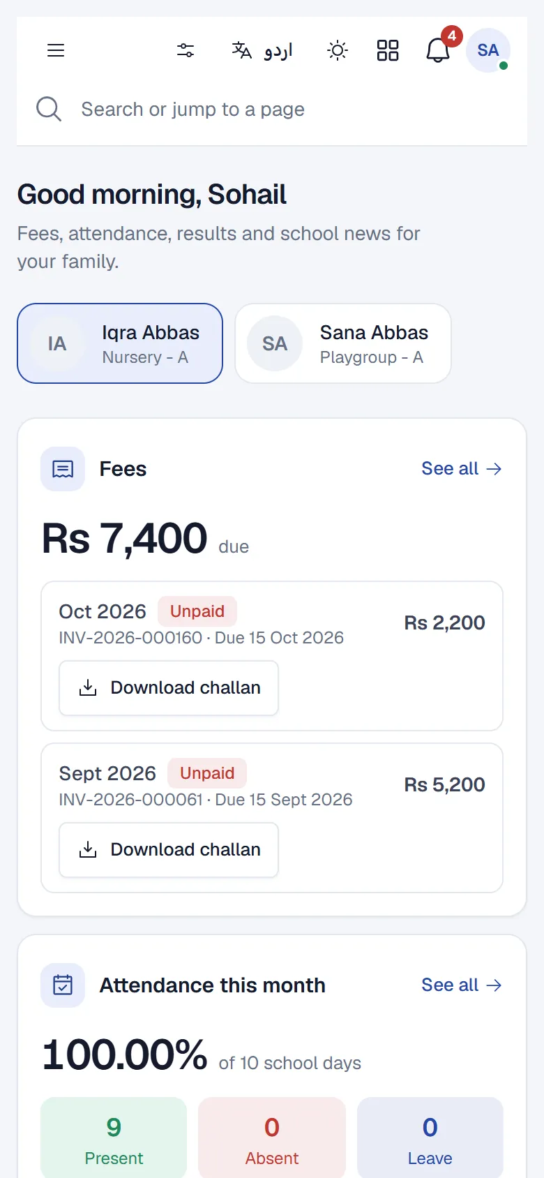 Parent portal on a phone showing the child, fee dues and attendance