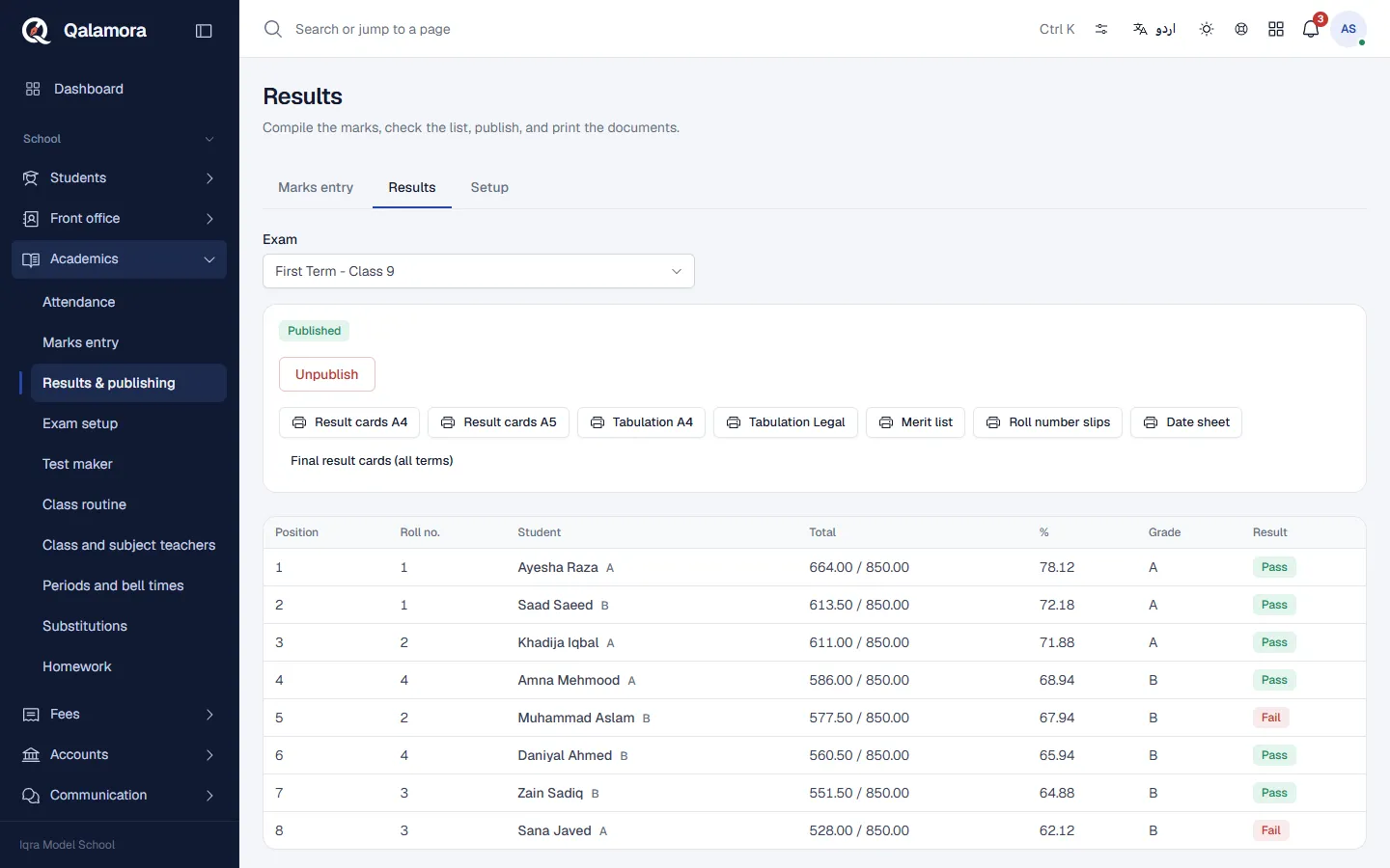 Results of a class with totals, percentages and grades