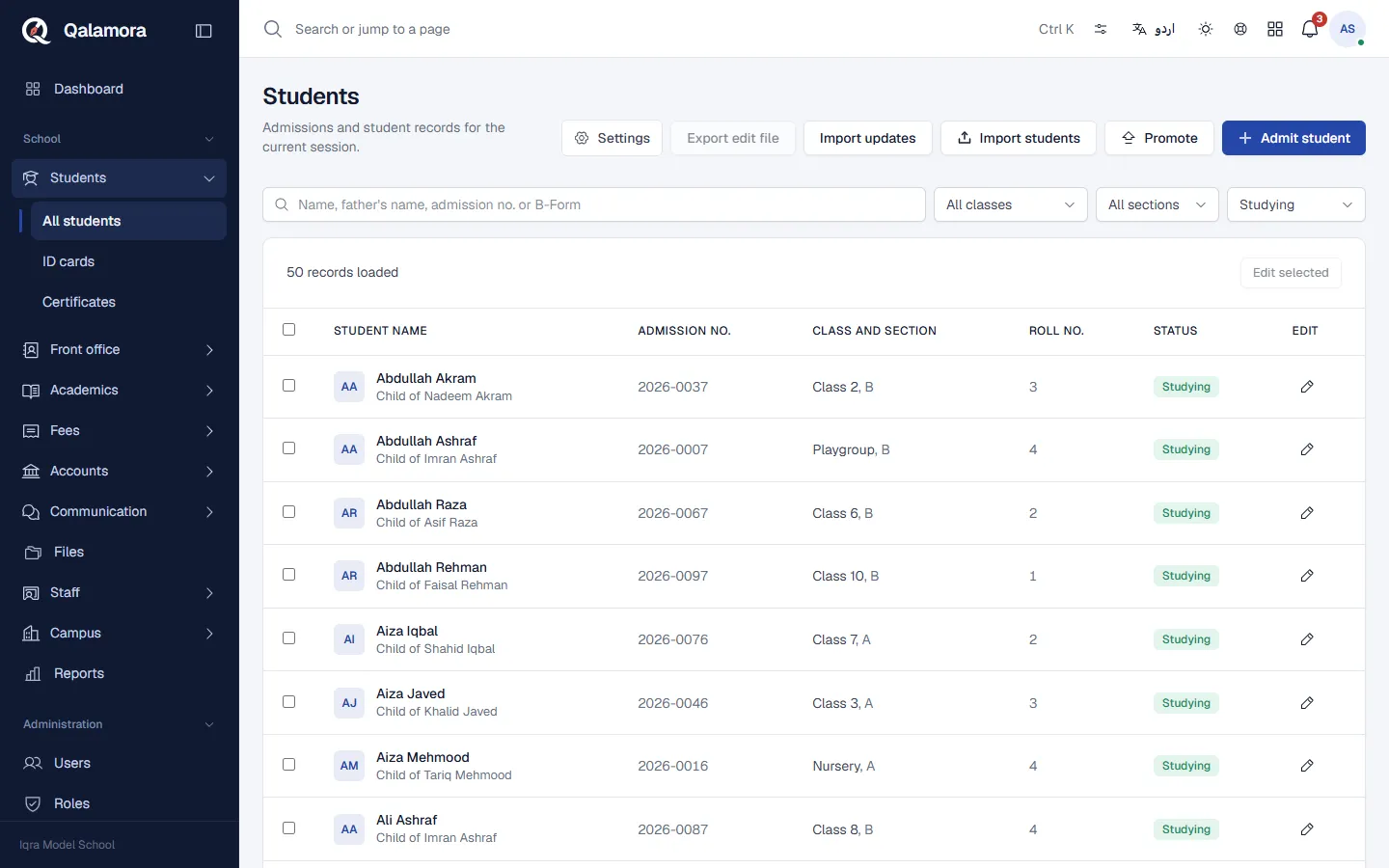 Student list with classes, sections and admission numbers